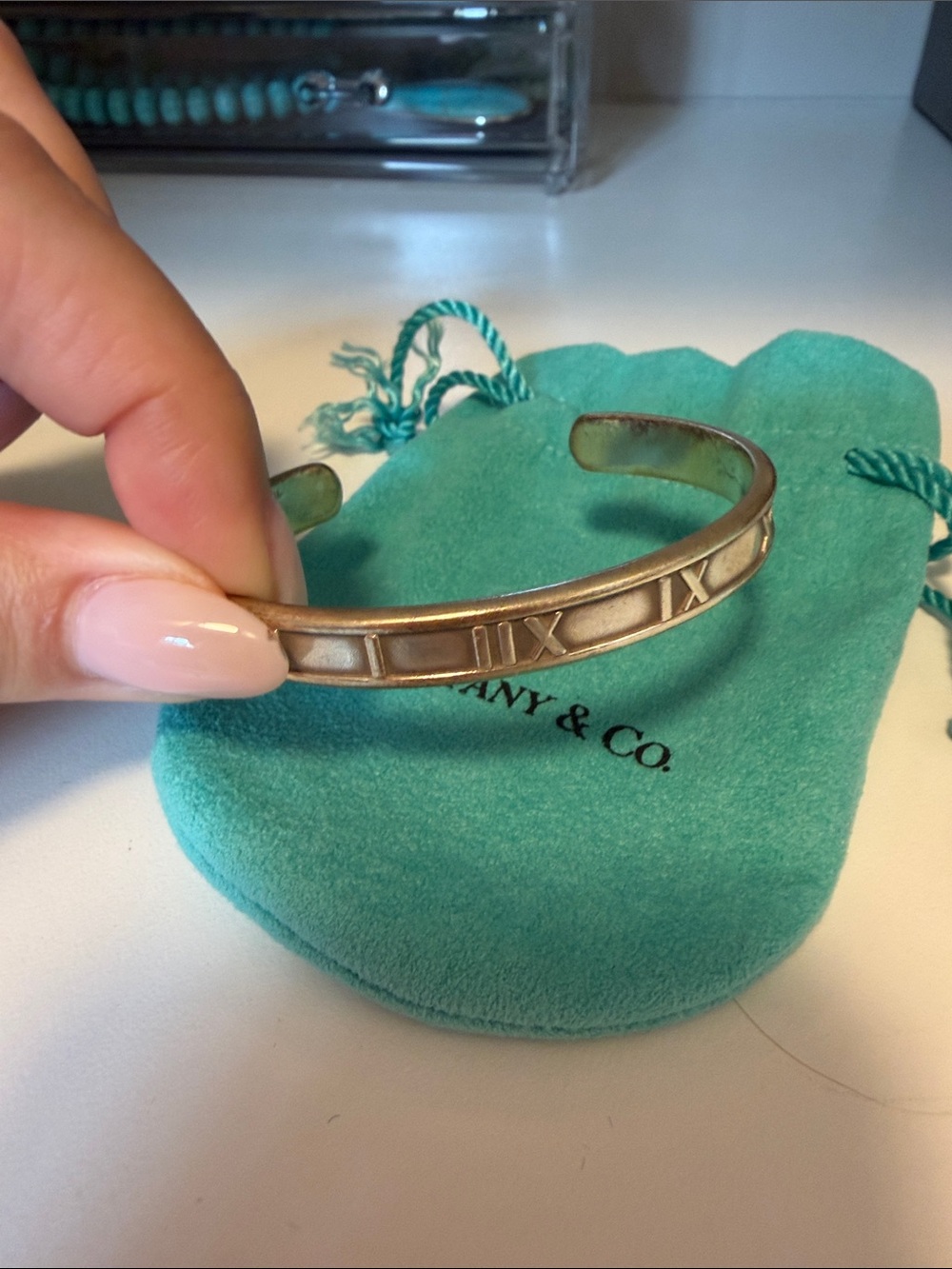 Tiffany & Co. Atlas Roman Numeral Cuff with Turquoise Pouch - Silver